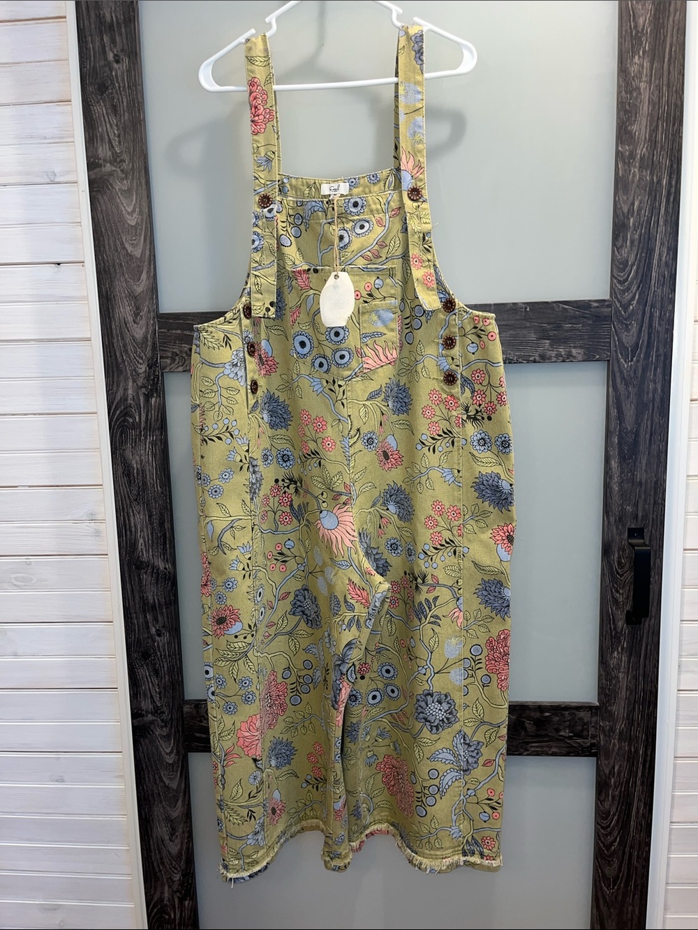 easel Olive Green Floral Cotton-Blend Pinafore Jumpsuit